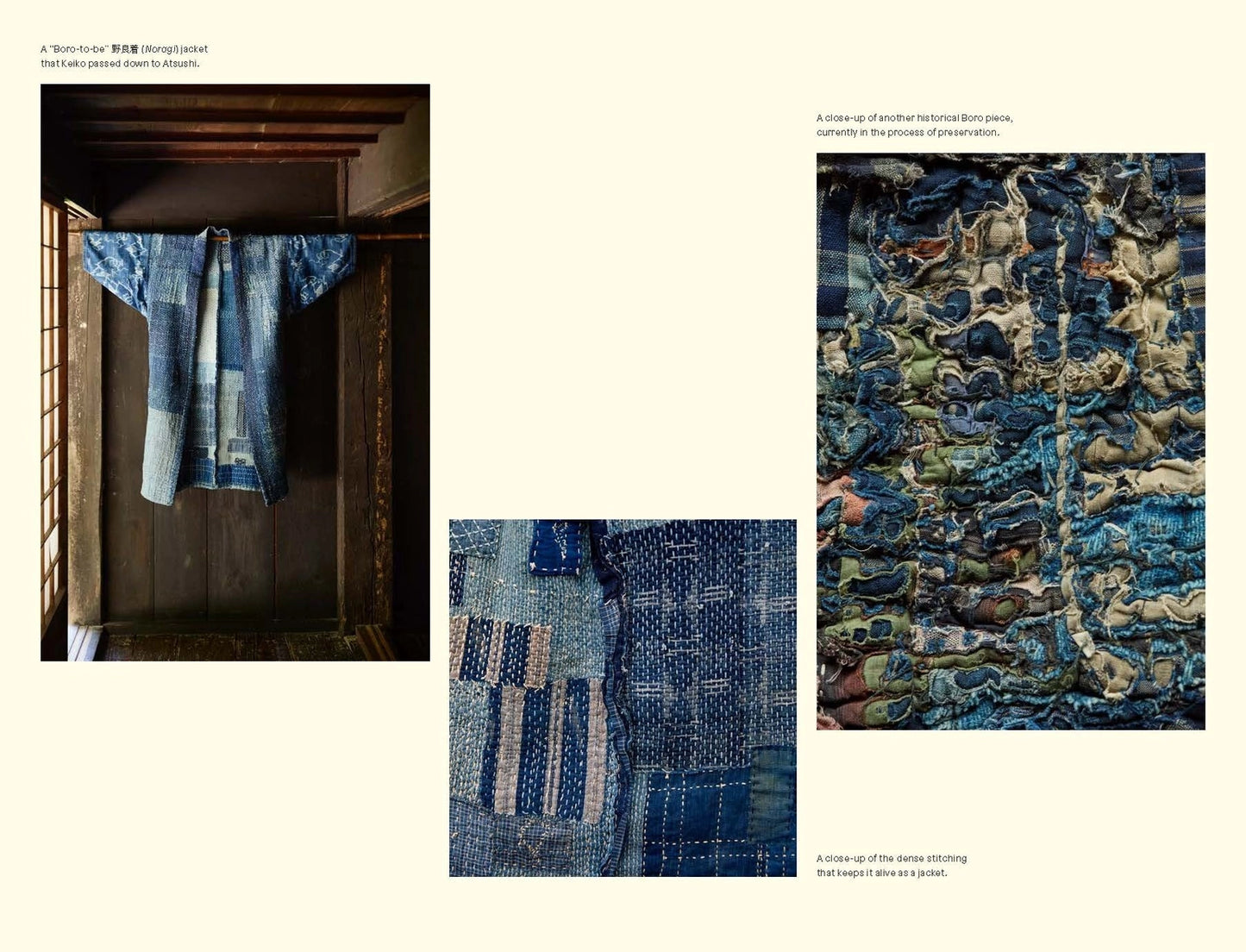 3 photos of sashiko stitched garments