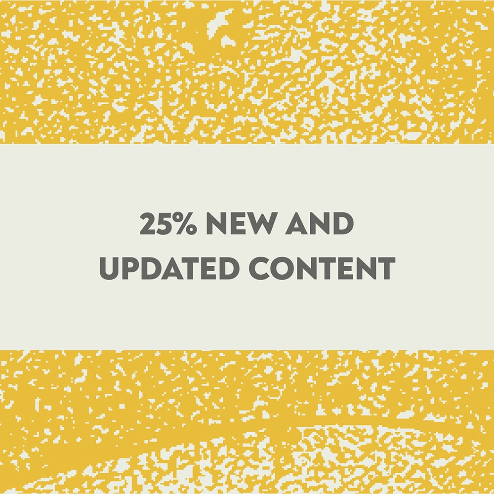 Promotional graphic with a white horizontal band across the center containing the text '25% NEW AND UPDATED CONTENT' in dark gray, framed by textured yellow and white patterned sections above and below.