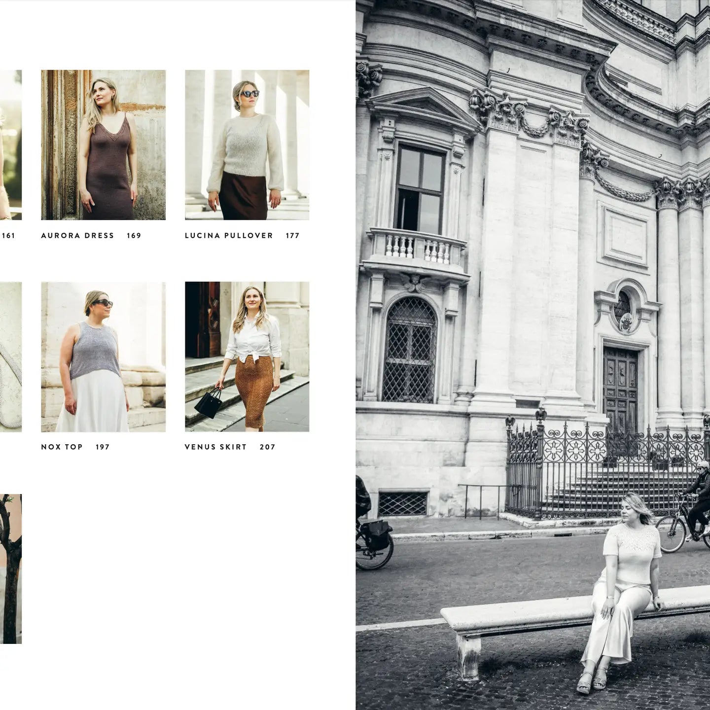women in various outfits and a black and white photo of a woman sitting on a bench in front of an ornate building.