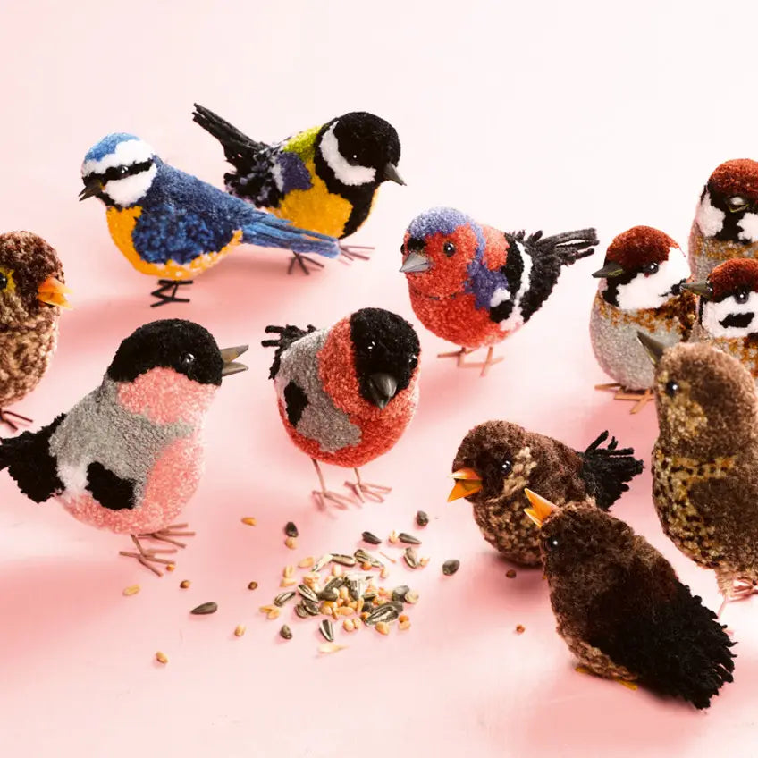 a group of brightly colored birds made with pom poms