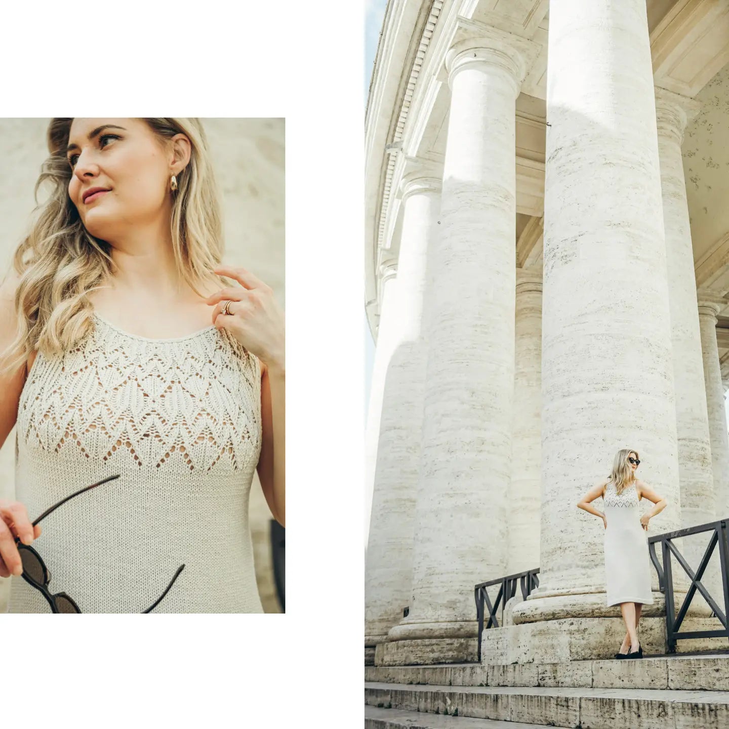 Woman in a white dress standing on steps with classical architecture in the background