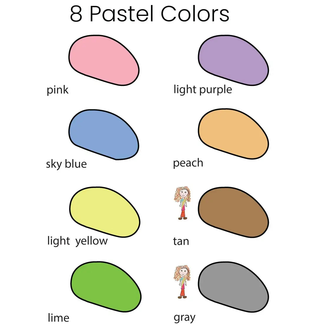 Chart of eight pastel colors with labels on a white background