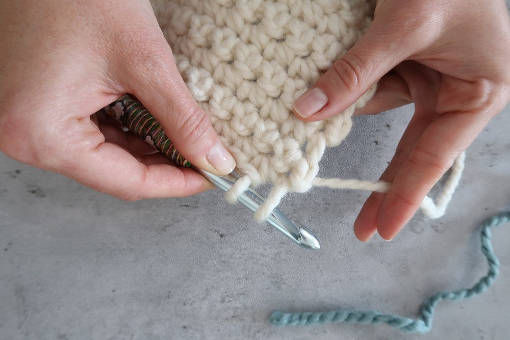two hands holding a crochet hook and yarn