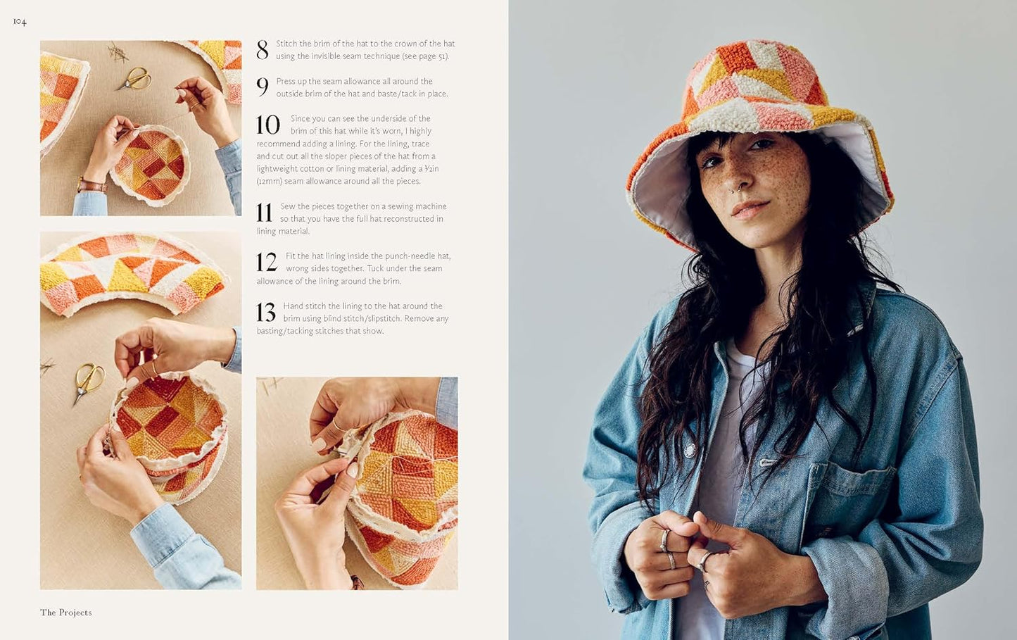 Woman wearing a colorful bucket hat with a book open to a page showing step-by-step instructions.
