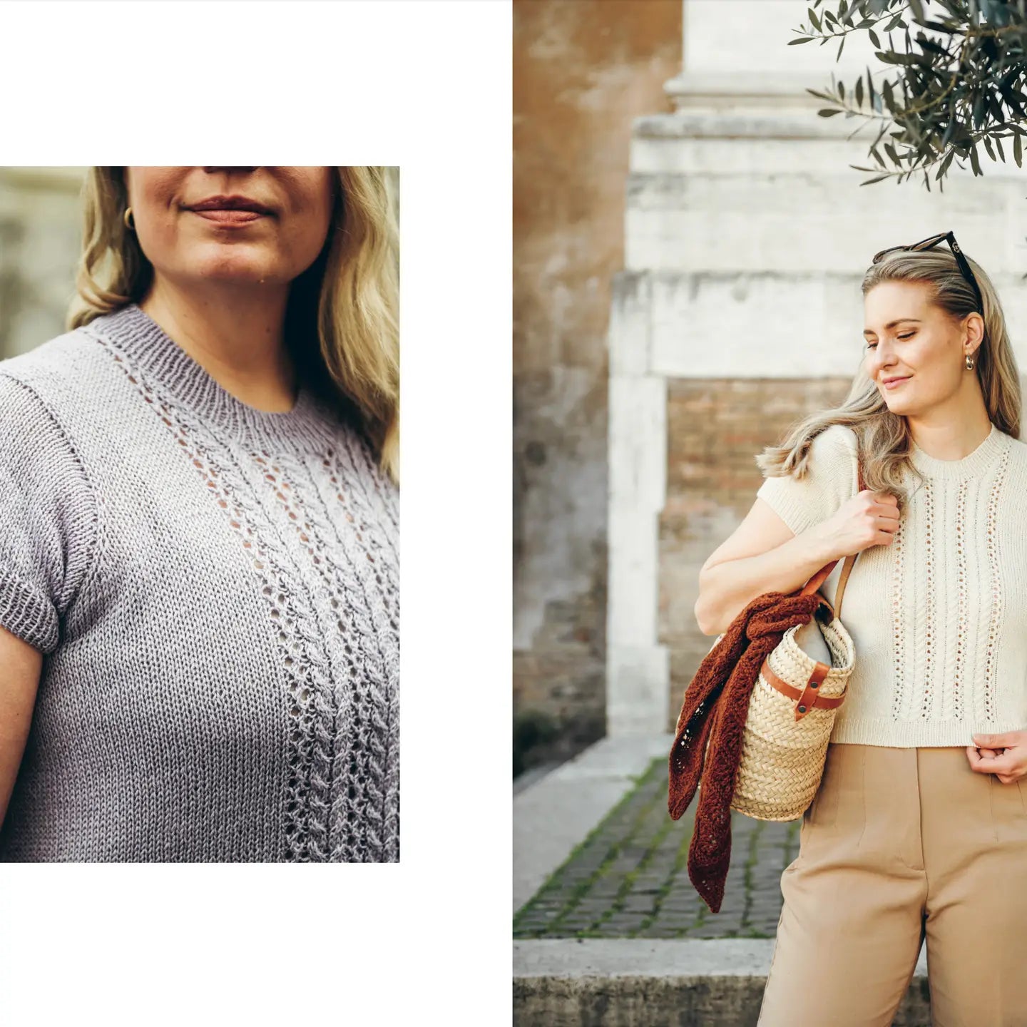 Two women wearing knit tops with a neutral background