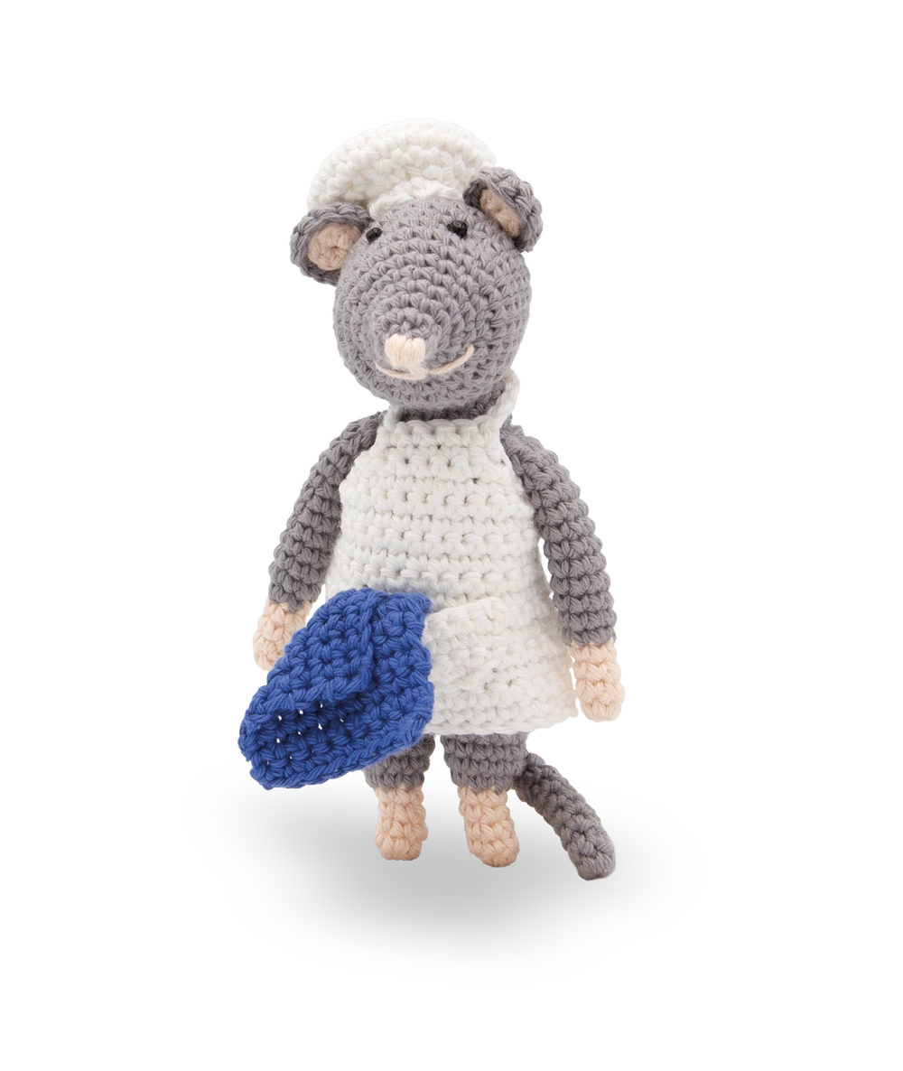 Crocheted toy mouse with a blue towel on a white background