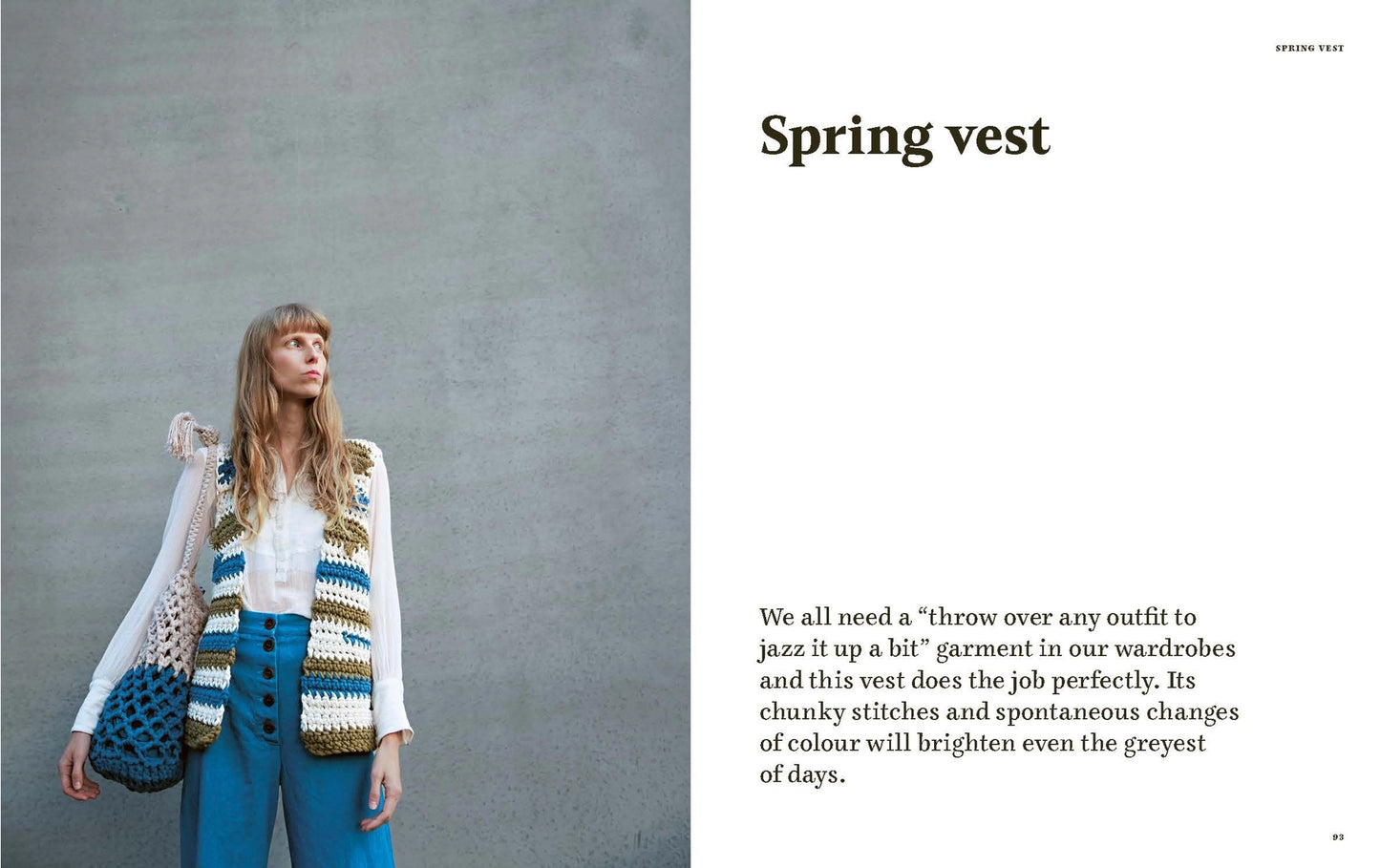 A book page featuring a woman wearing a chunky knit spring vest with blue and white stripes, paired with blue trousers and carrying a blue crocheted bag, set against a textured gray wall.