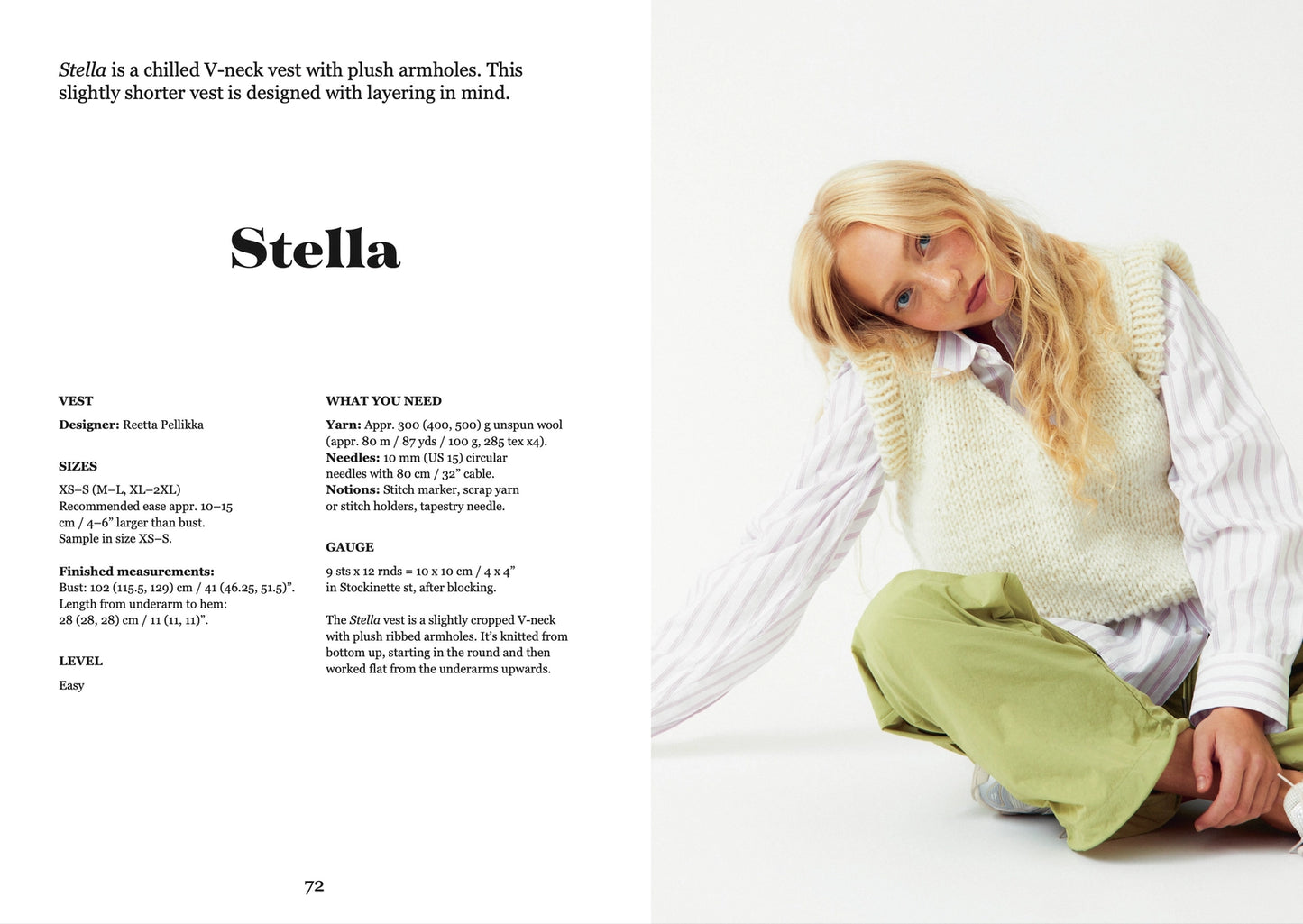 a person in a pale yellow v neck vest