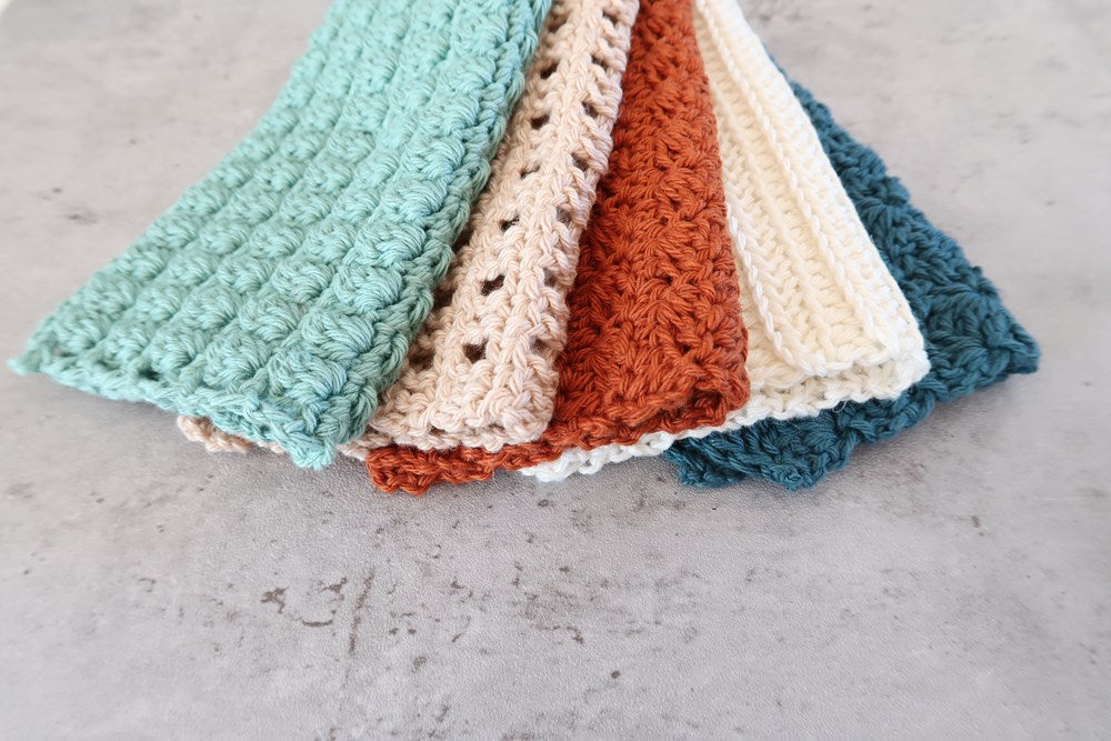 blue orange and cream crochet samples