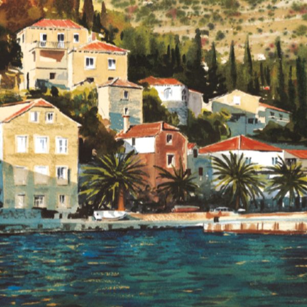 watercolor of a Mediterranean village on water