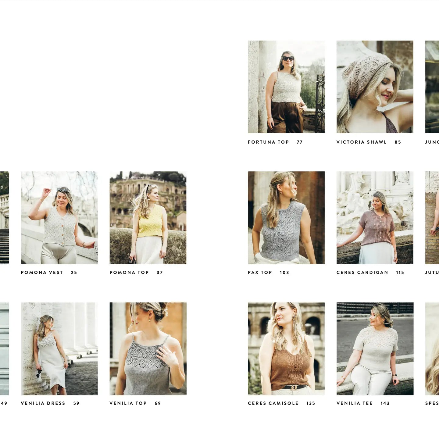 Grid of images showing women wearing various knitted sweaters with pattern names below