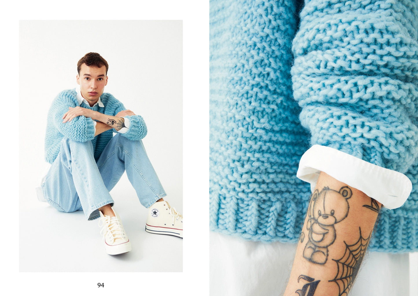 a person in a blue chunky knit sweater