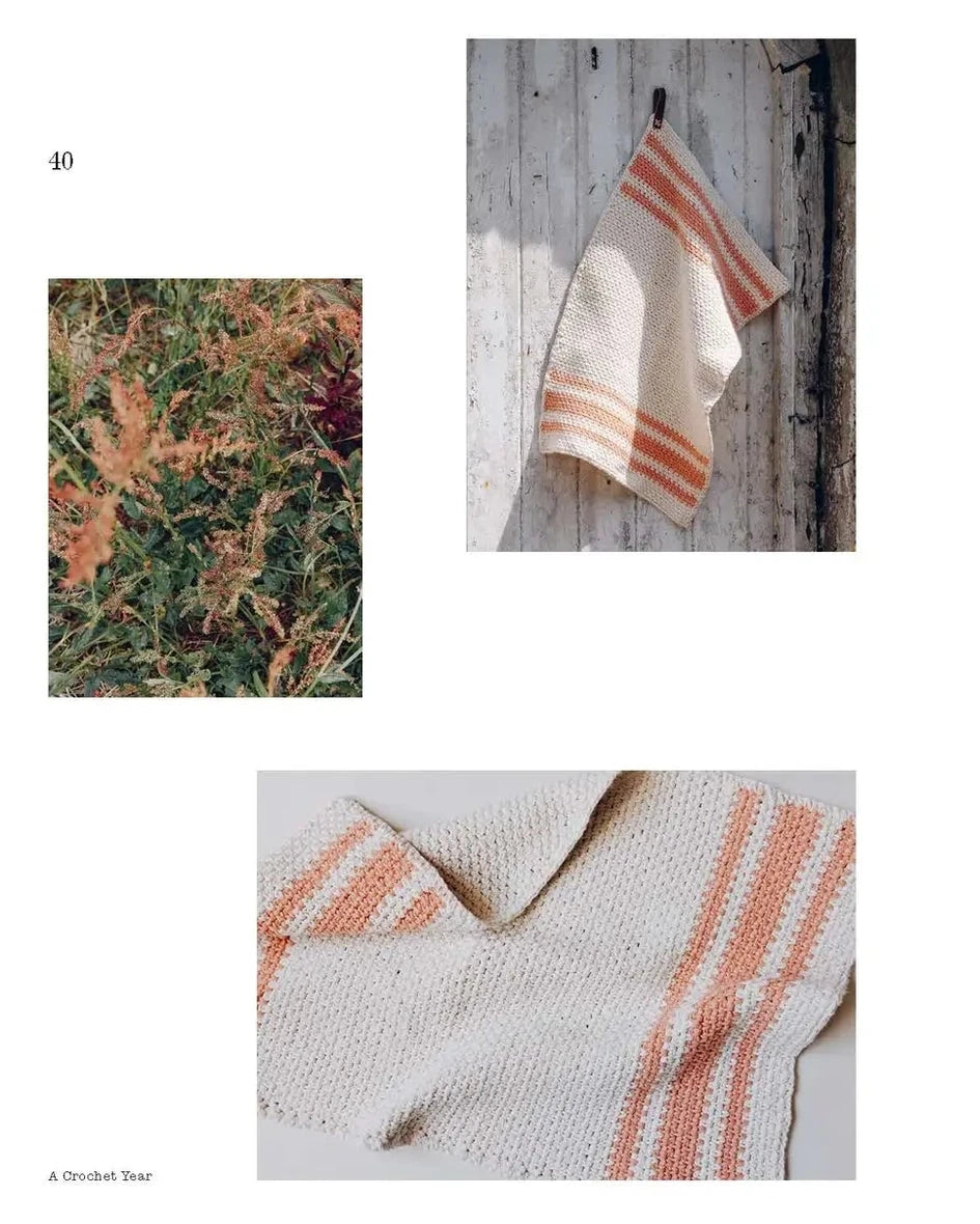 Textile design book with crochet swatches on a white background