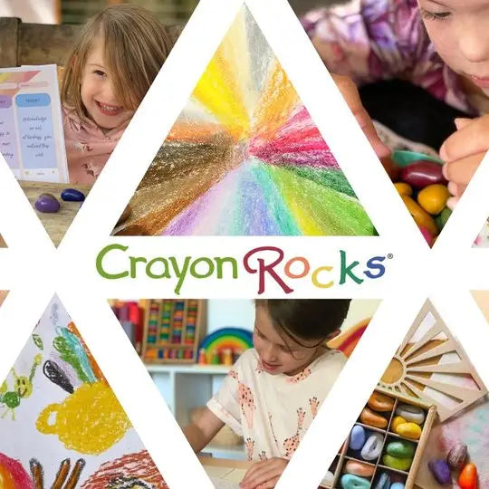Collage of children engaged in creative activities with Crayon Rocks branding.