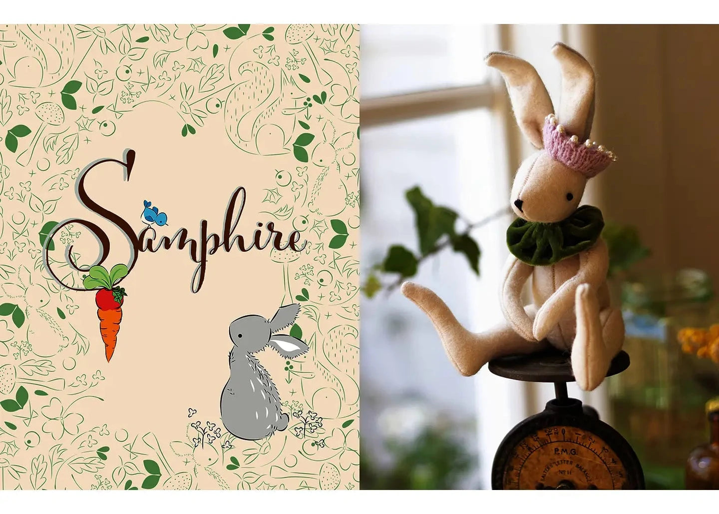 A split image showing a decorative notebook cover on the left with the word 'Saphire' in script, a carrot, and a rabbit illustration, and a plush stuffed bunny wearing a green collar and pink hat sitting on a scale on the right.