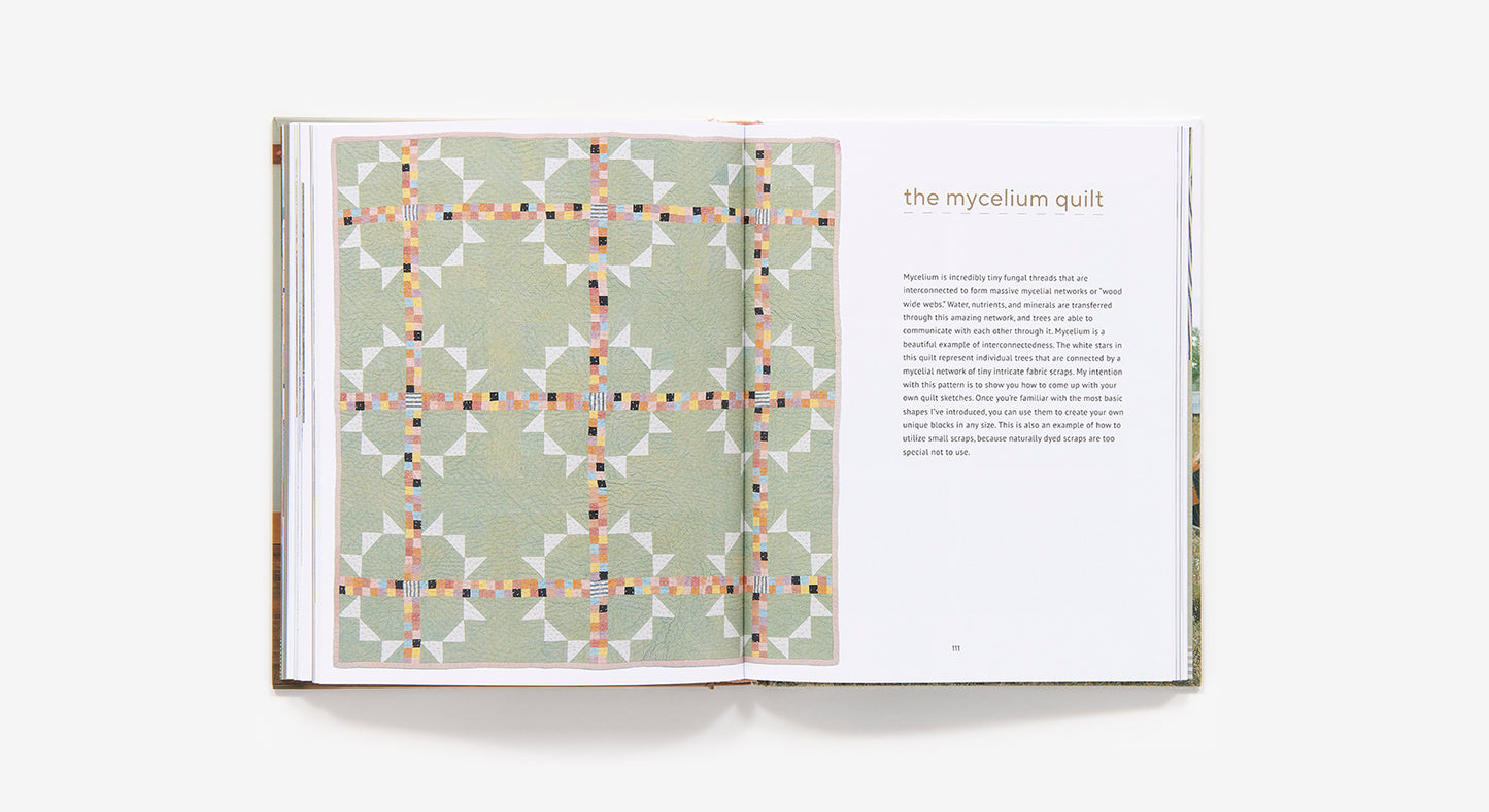 Open book showing a patterned quilt design on a white background