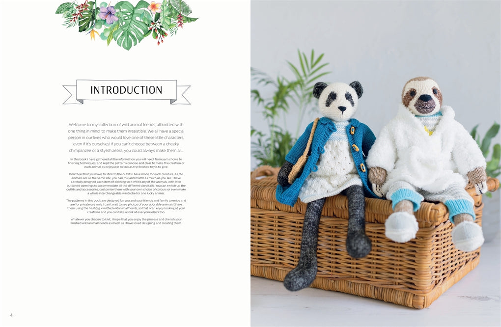 a knitted sloth and a panda bear on a basket