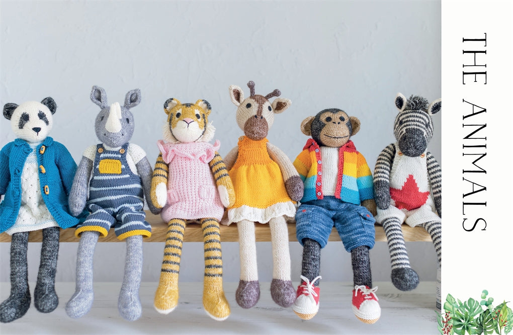 knitted animals in knitted clothing