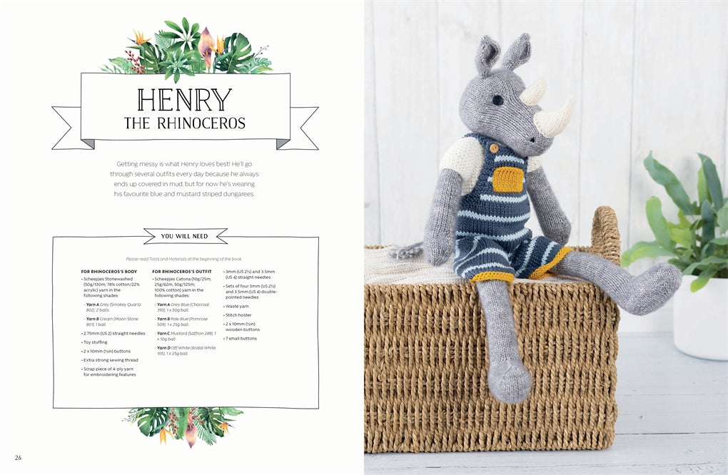 a knitted rhinoceros in blue striped overalls