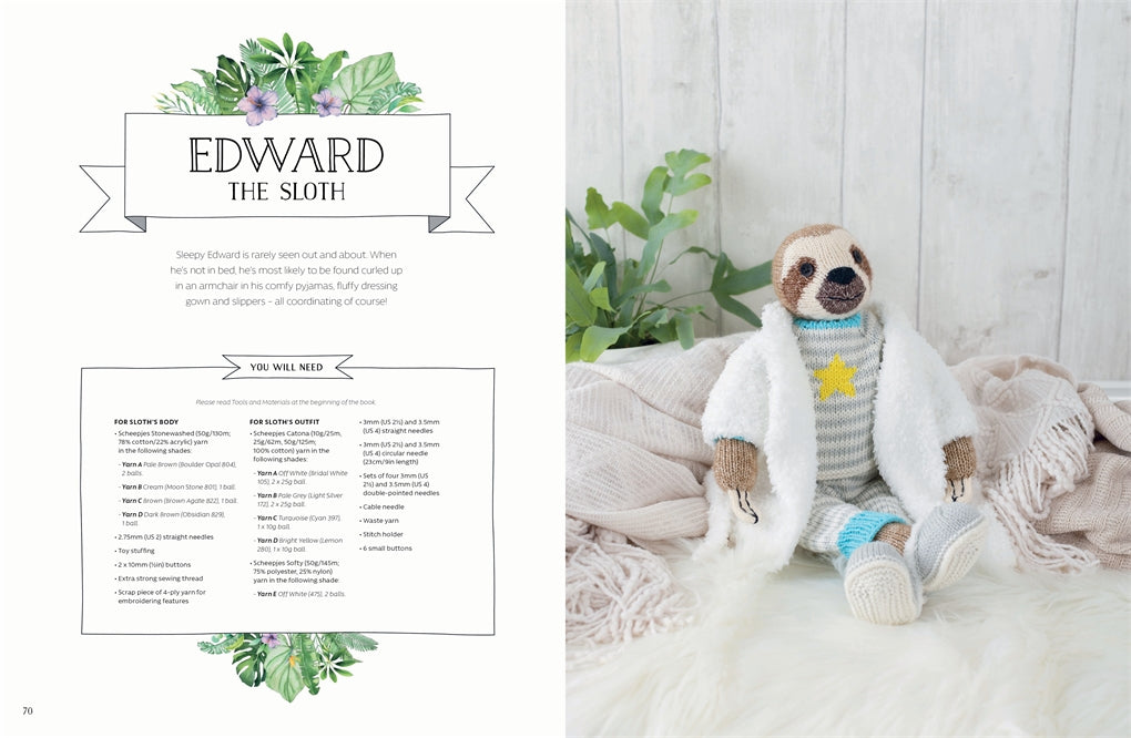 a knitted sloth in a white bathrobe