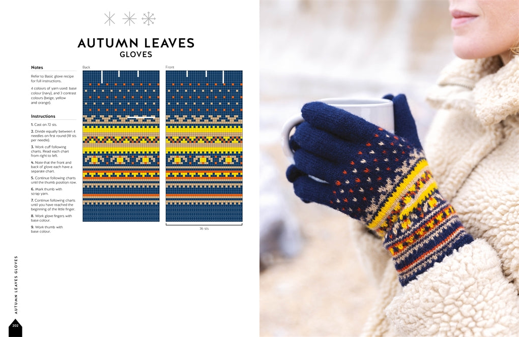 blue gloves with yellow red and white stitch pattern