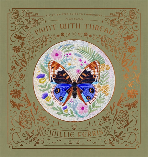 Book cover of 'Paint with Thread' by Emillie Ferris featuring a butterfly illustration on a green background.