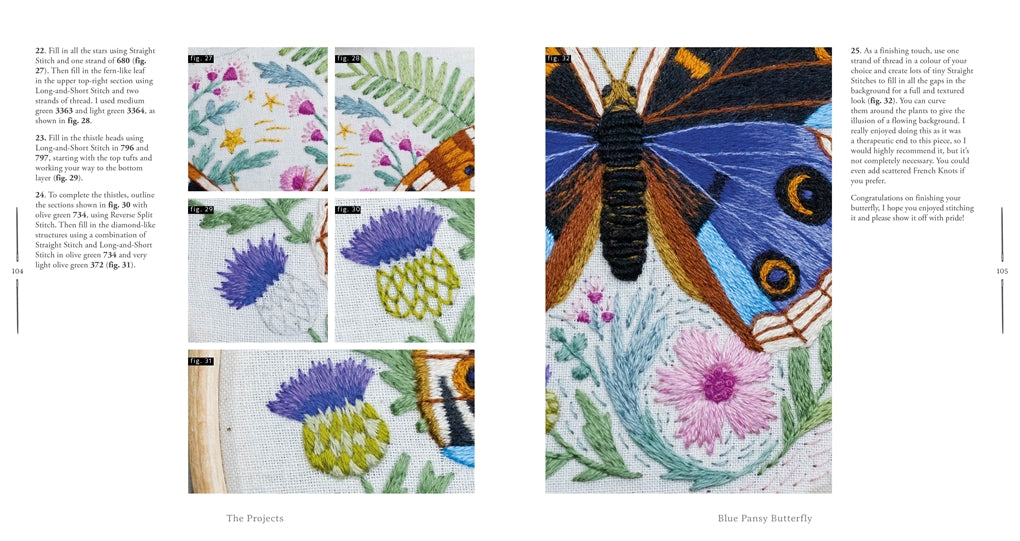 Embroidery patterns featuring butterflies and flowers on a white background