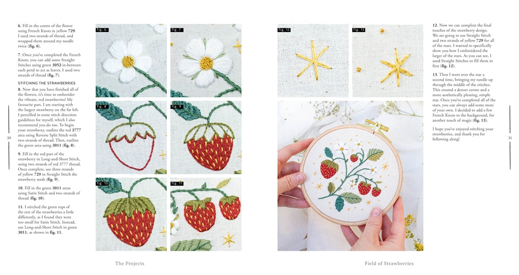 Embroidery patterns with strawberries, flowers, and leaves, held by a hand.