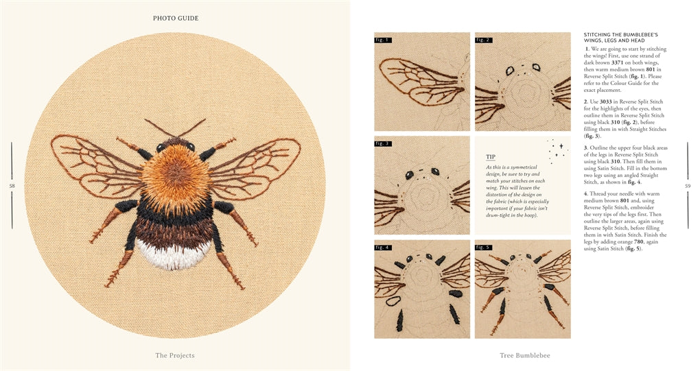 Embroidery pattern guide for a bee design on beige fabric.