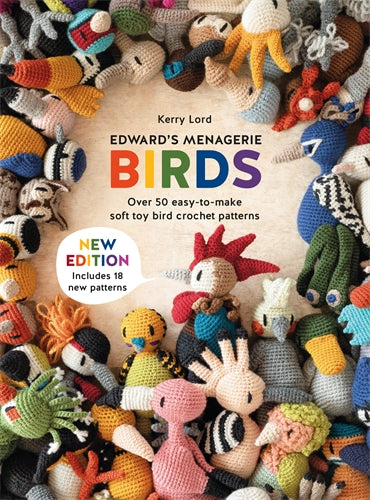 Book cover of 'Edward's Menagerie Birds' with colorful crochet bird patterns.