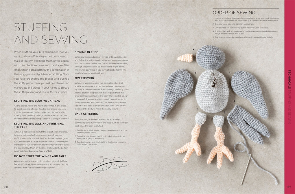 Crocheted bird toy with sewing instructions on a textured surface