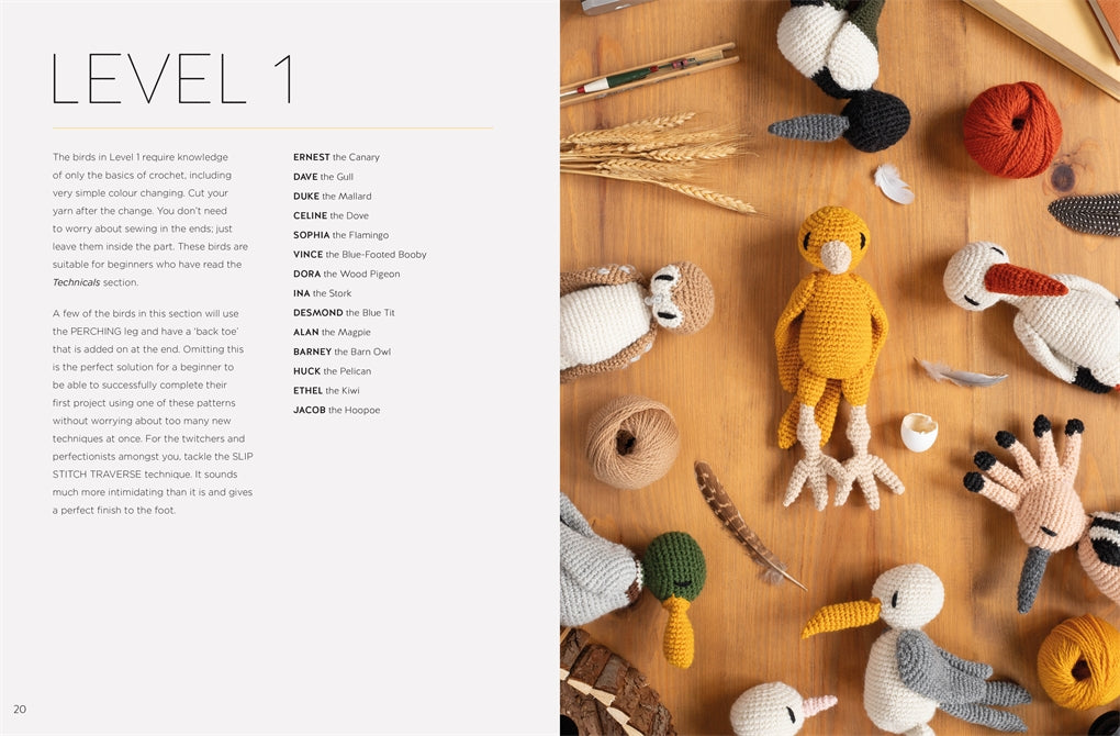 Collection of small crochet animals on a wooden surface with text on the left side.