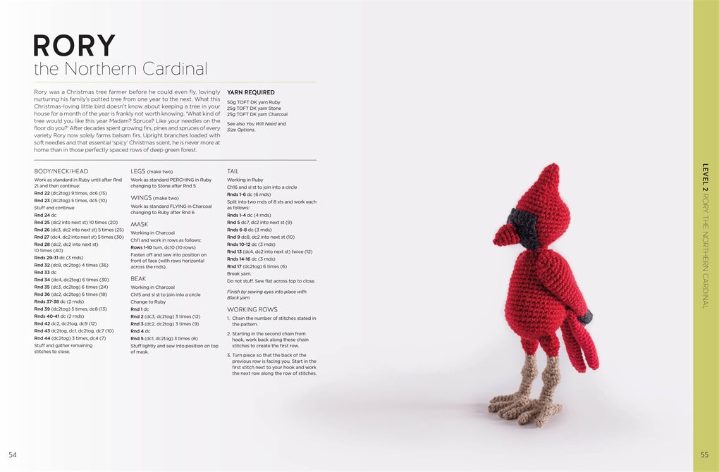Knitted cardinal toy with knitting pattern on a white background
