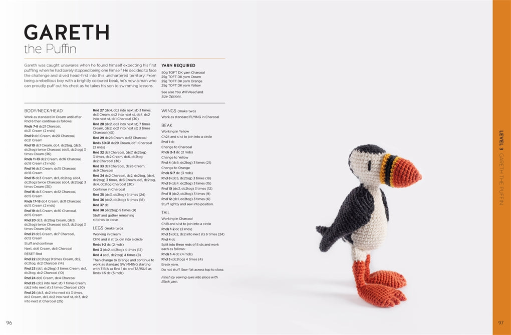 Crocheted puffin toy on a white background with text on the left side.