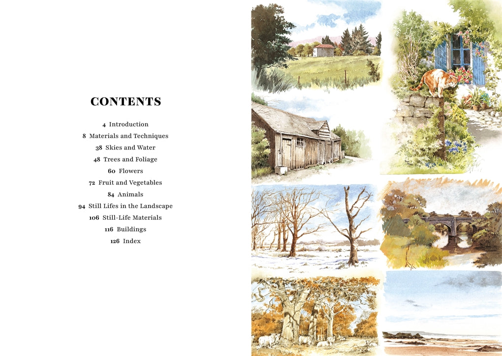 Table of contents for a book on landscape painting with illustrations of nature scenes.