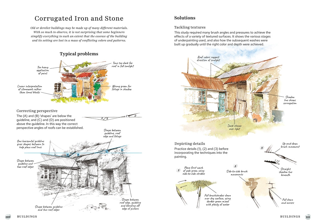 Illustrated guide on corrugated iron and stone building techniques with text and diagrams.