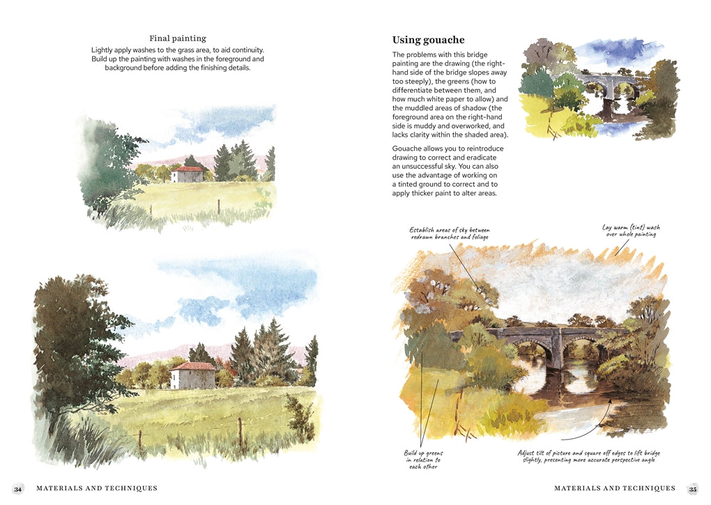 Illustrations of a landscape painting process with a bridge and natural scenery.