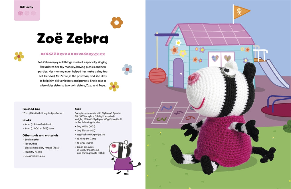 Crocheted zebra toy with a playground background and text on the left side.
