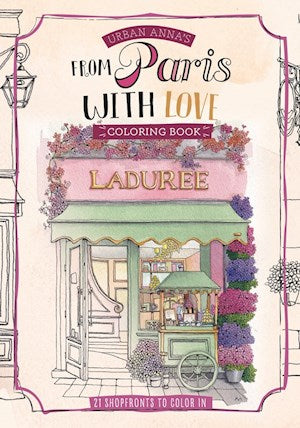 Coloring book cover titled 'From Paris with Love' featuring a Ladurèe store.