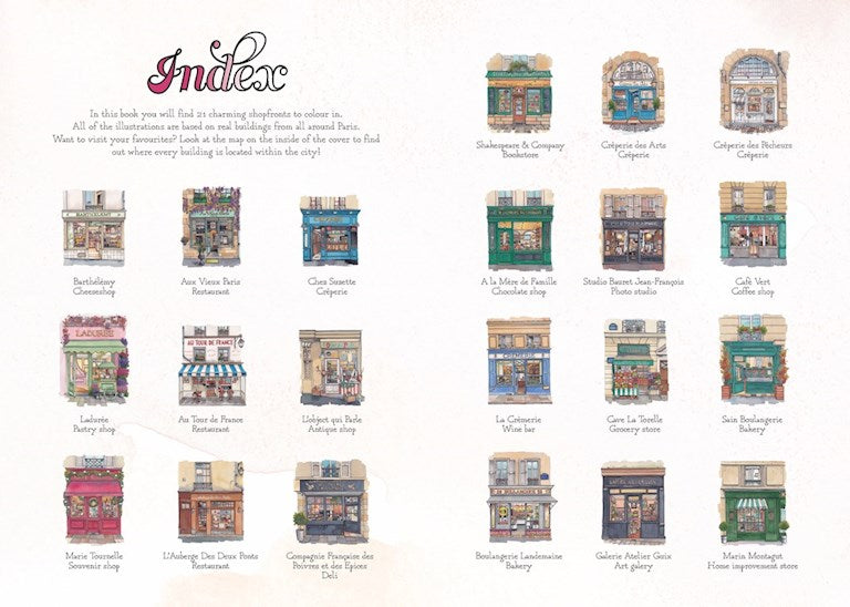 Index page with illustrations of various buildings and shops.