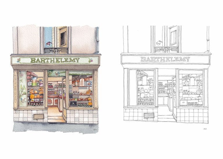 Colorful illustration of a store front with 'Barthelemy' sign and line drawing next to it.