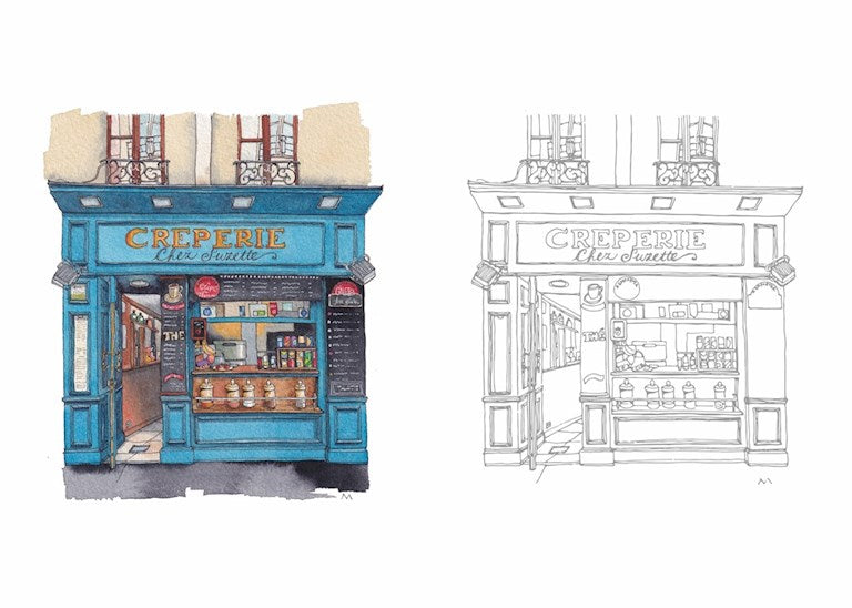 Colorful creperie building with a black and white line drawing on the right.