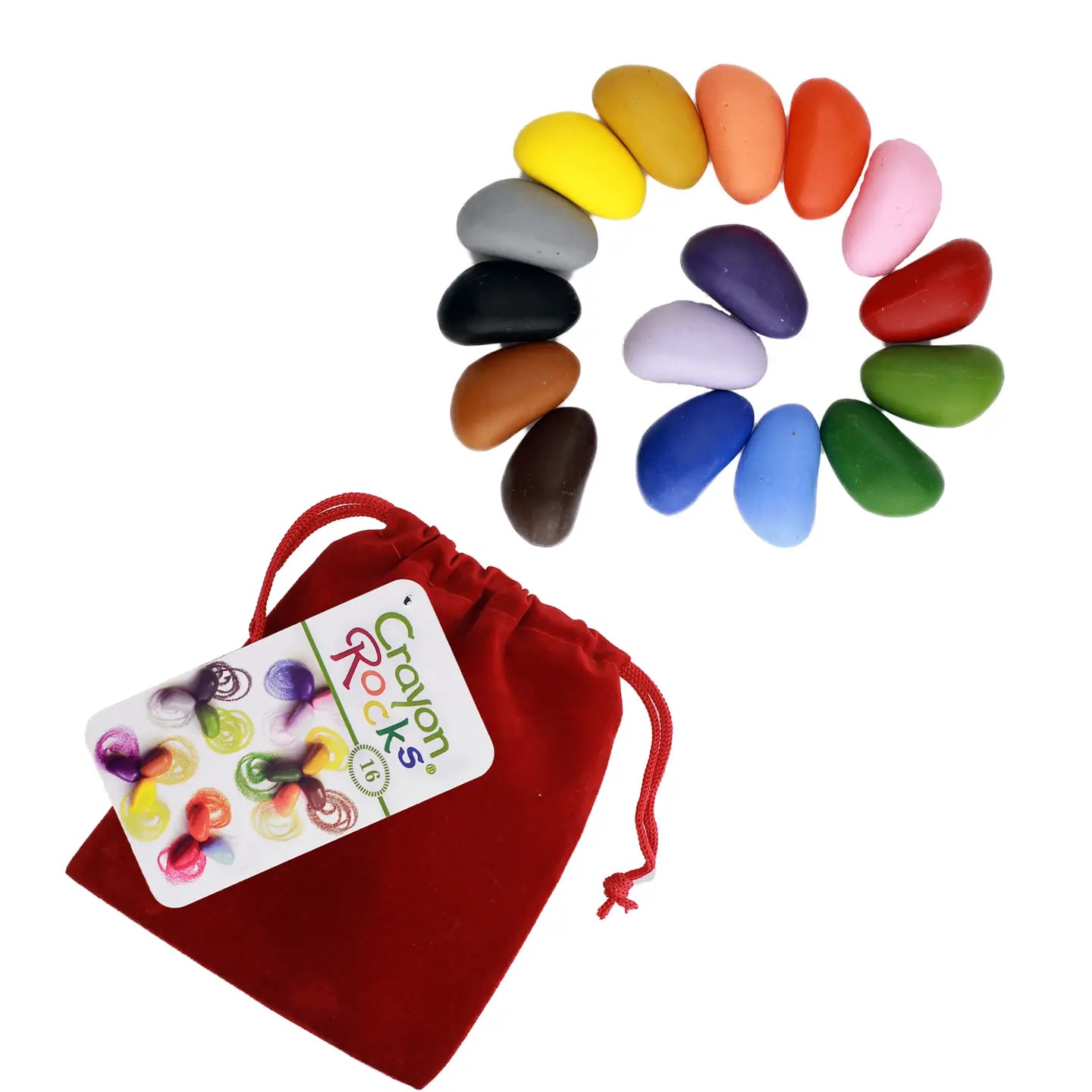 Set of colorful rocks arranged in a circle with a red drawstring bag and 'Crayon Rocks' label.