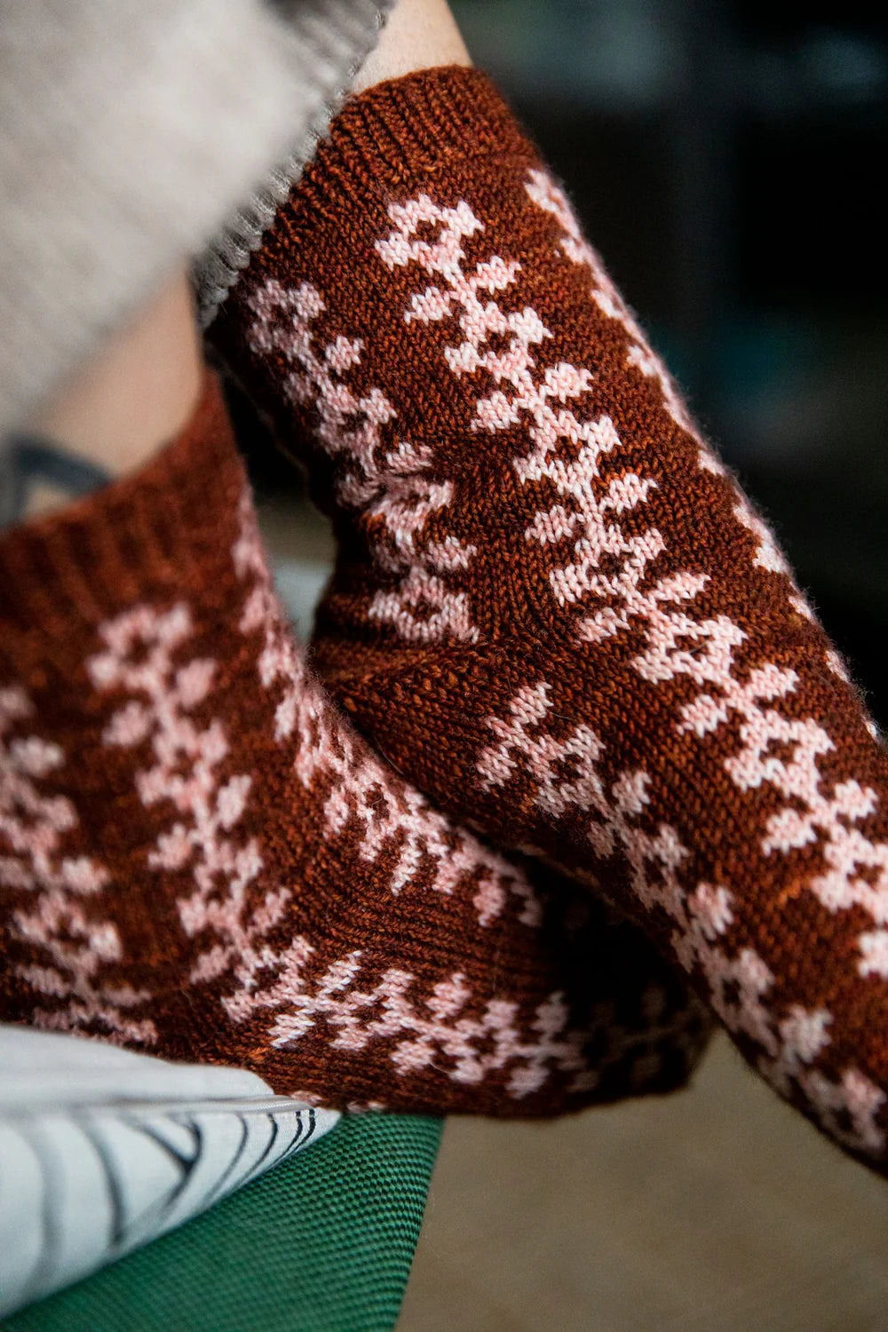 brown socks with pink color work