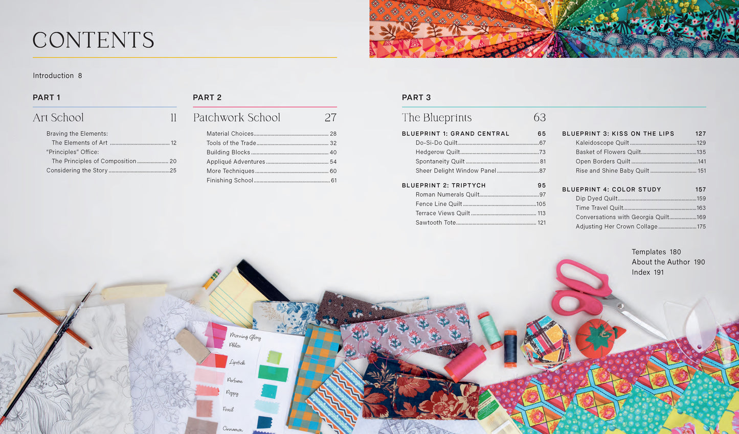 Table of contents for a book on quilt design with colorful fabric swatches and stationery items.
