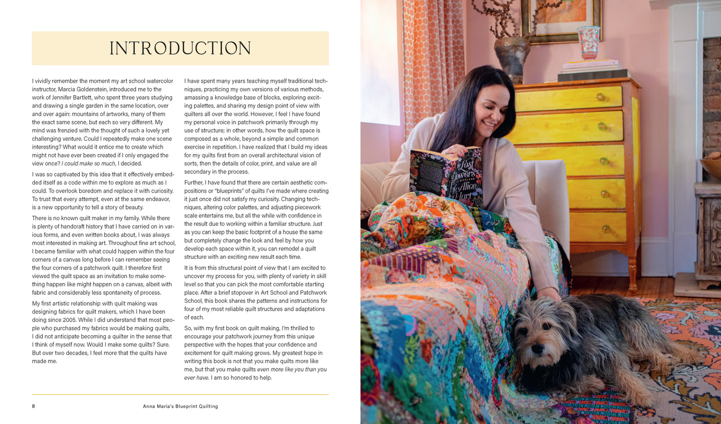 Woman sitting on a bed with a dog, surrounded by colorful furniture and decor.