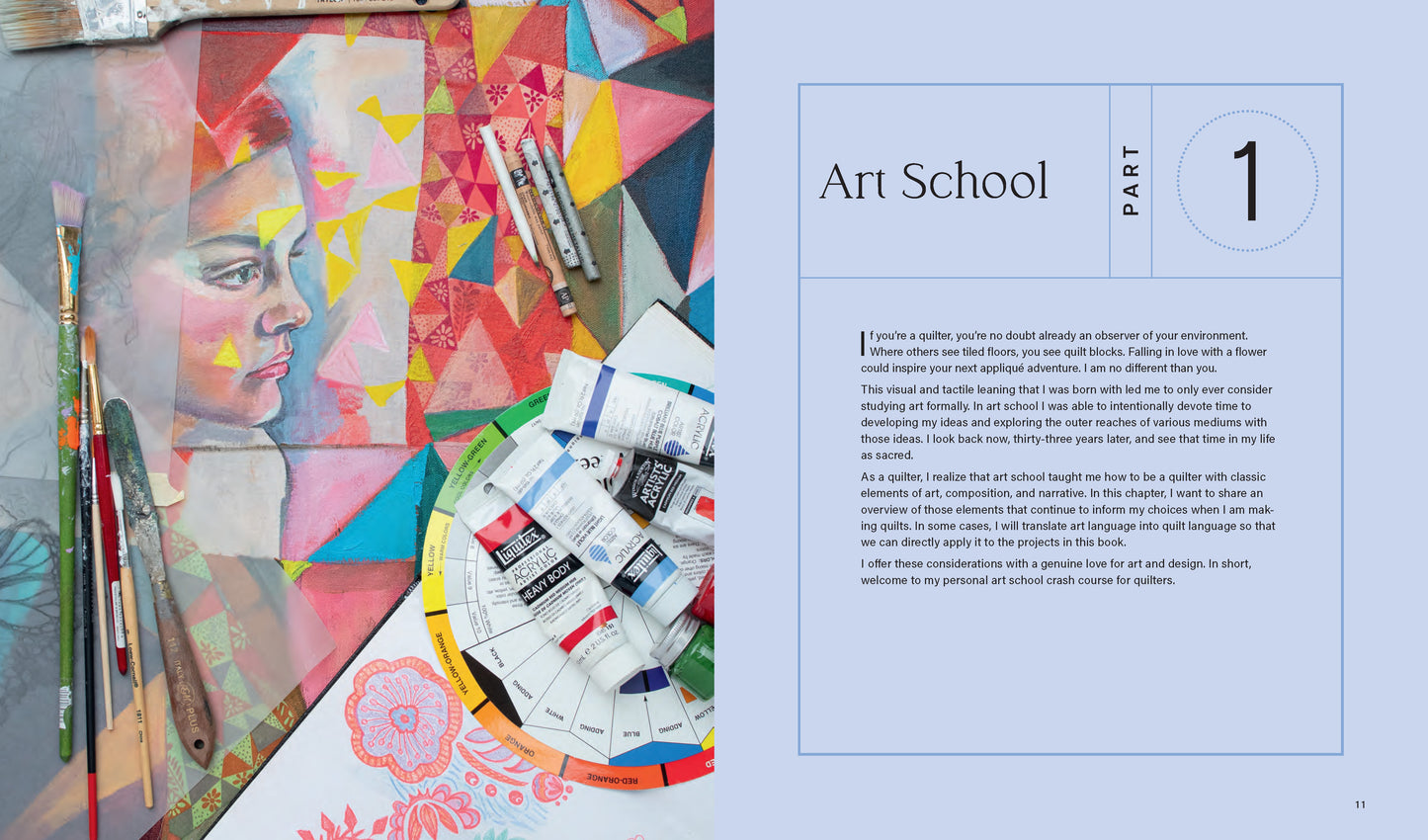 Artistic collage with colorful paint swatches, brushes, and a painting of a face on a textured surface.