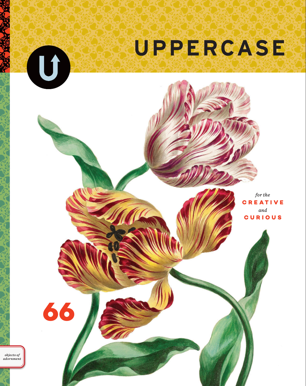 Illustrated orange, red, and white tulips on a magazine cover