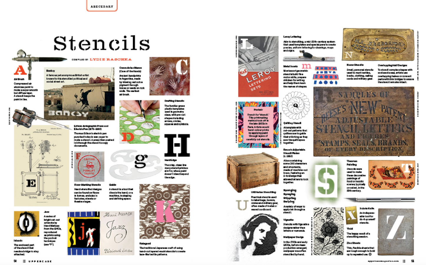 Collection of stencils with various designs and text on a white background