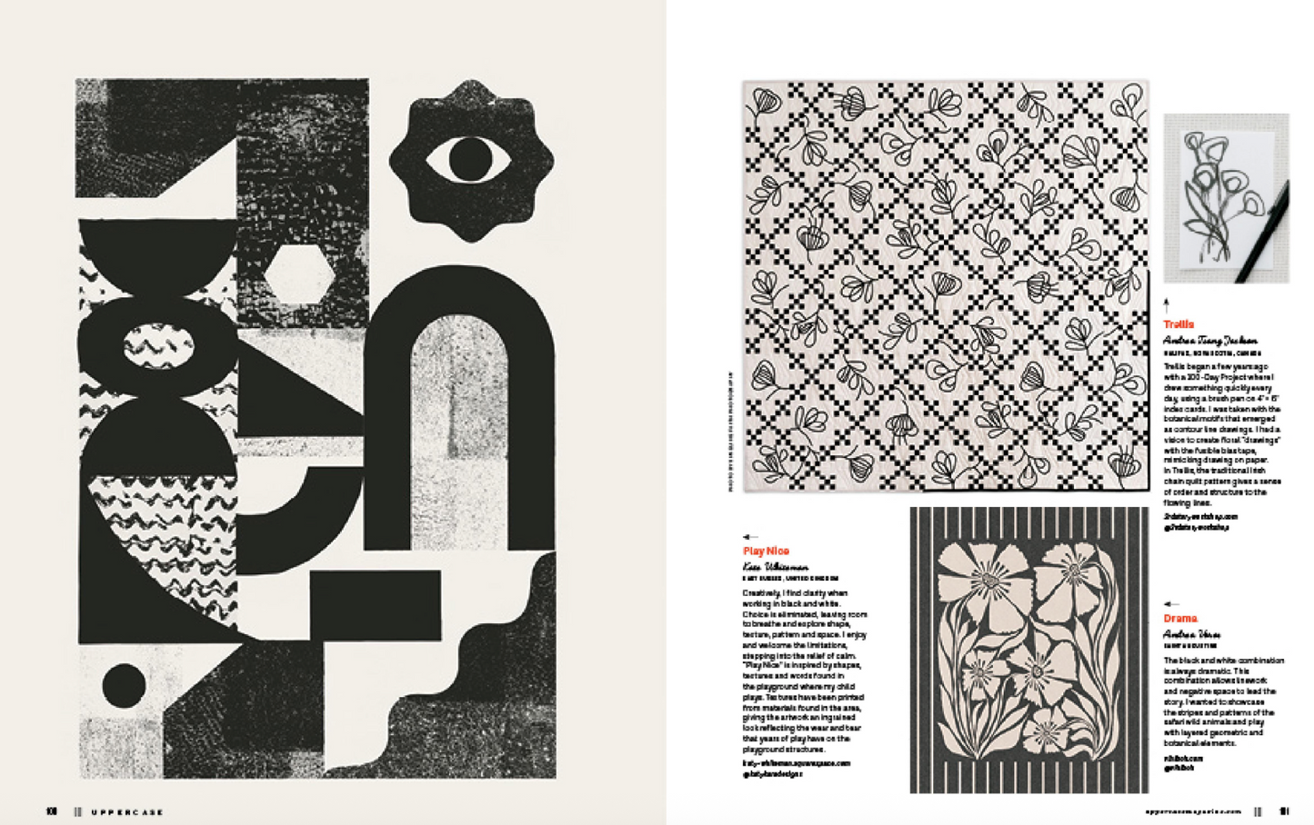 Page from a magazine featuring black and white geometric and floral patterns.